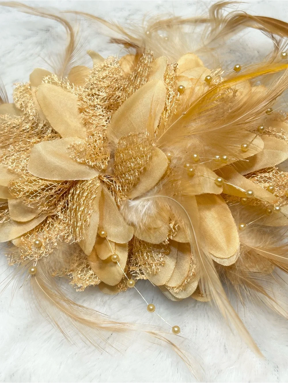 Gold Floral Fascinator Wedding Prom Party Hair Clip Head Piece W/Beads Feathers